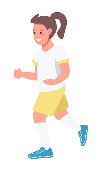 Petite Fille Participant Compétition Football Semi Plat Couleur Vecteur Caractère — Image vectorielle