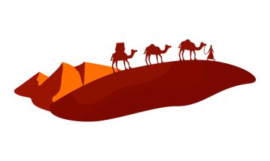 Deve kervanı çöl 2D vektör yalnız çizim geçiyor. Çizgi film arka planında düz karakterli develer olan adam. Sahra 'nın renkli sahnesinde gezmek cep telefonu, web sitesi, sunum için