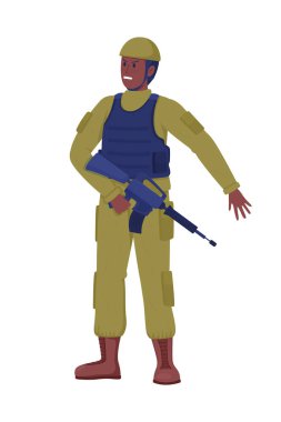 Yarı düz renk vektör karakterli dövüşçü. Ayakta duran figür. Beyazın üzerinde tam vücut insan. Web grafik tasarımı ve animasyonu için basit çizgi film stili illüstrasyonunda militan