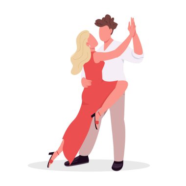 Çift tango dans stili yarı düz renk vektör karakterleri öğreniyor. Poz figürleri. Beyazın üstüne tüm vücudu olan insanlar. Web grafik tasarımı ve animasyonu için aktif hobi basit çizgi film stili çizimi