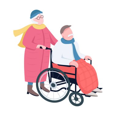 Yaşlı kadın yarı düz renkli vektör karakterlerle yürüyor. Poz figürleri. Beyazın üstüne tüm vücudu olan insanlar. Park ziyaretçileri web grafik tasarımı ve animasyonu için basit çizgi film stili çizimi