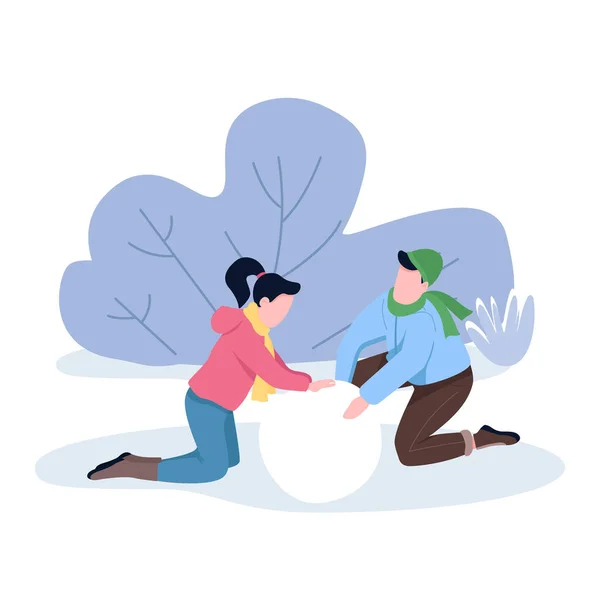 雪男を作るカップル一緒に半フラットカラーベクトル文字 座ってる 白人の全身人 公園訪問者ウェブグラフィックデザインやアニメーションのためのシンプルな漫画スタイルのイラスト — ストックベクタ