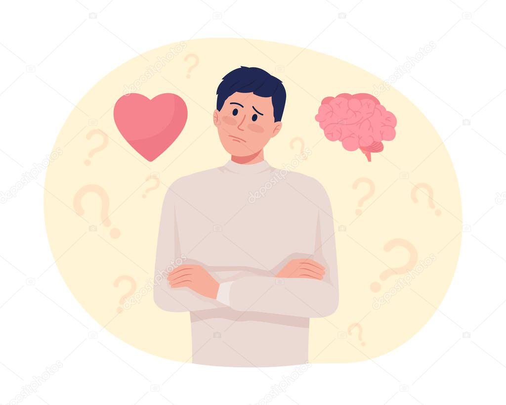 Difficult choice 2D vector isolated illustration. Doubtful man flat character on cartoon background. Mind and heart. Listen to heart colourful scene for mobile, website, presentation
