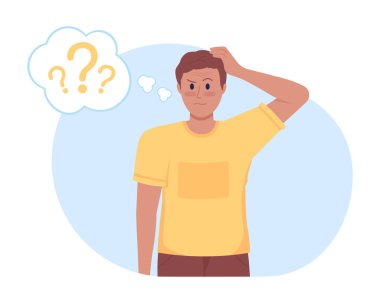 Karışıklık 2D vektörü izole edildi. Çizgi film arka planında sorgulama ve düşünceli düz karakter. Cep telefonu, web sitesi, sunum için kafasının rengini çizen belirsiz bir adam