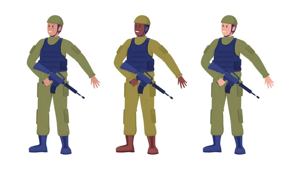 Soldats Uniforme Militaire Semi Plat Couleur Vectorielle Jeu Caractères Figures — Image vectorielle