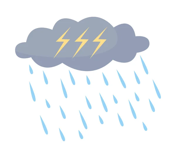 雷雨半フラットカラーベクトル要素 白のフルサイズのオブジェクト 異常気象だ 大雨だ Webグラフィックデザインやアニメーションのための雷と雷のシンプルな漫画スタイルのイラスト — ストックベクタ