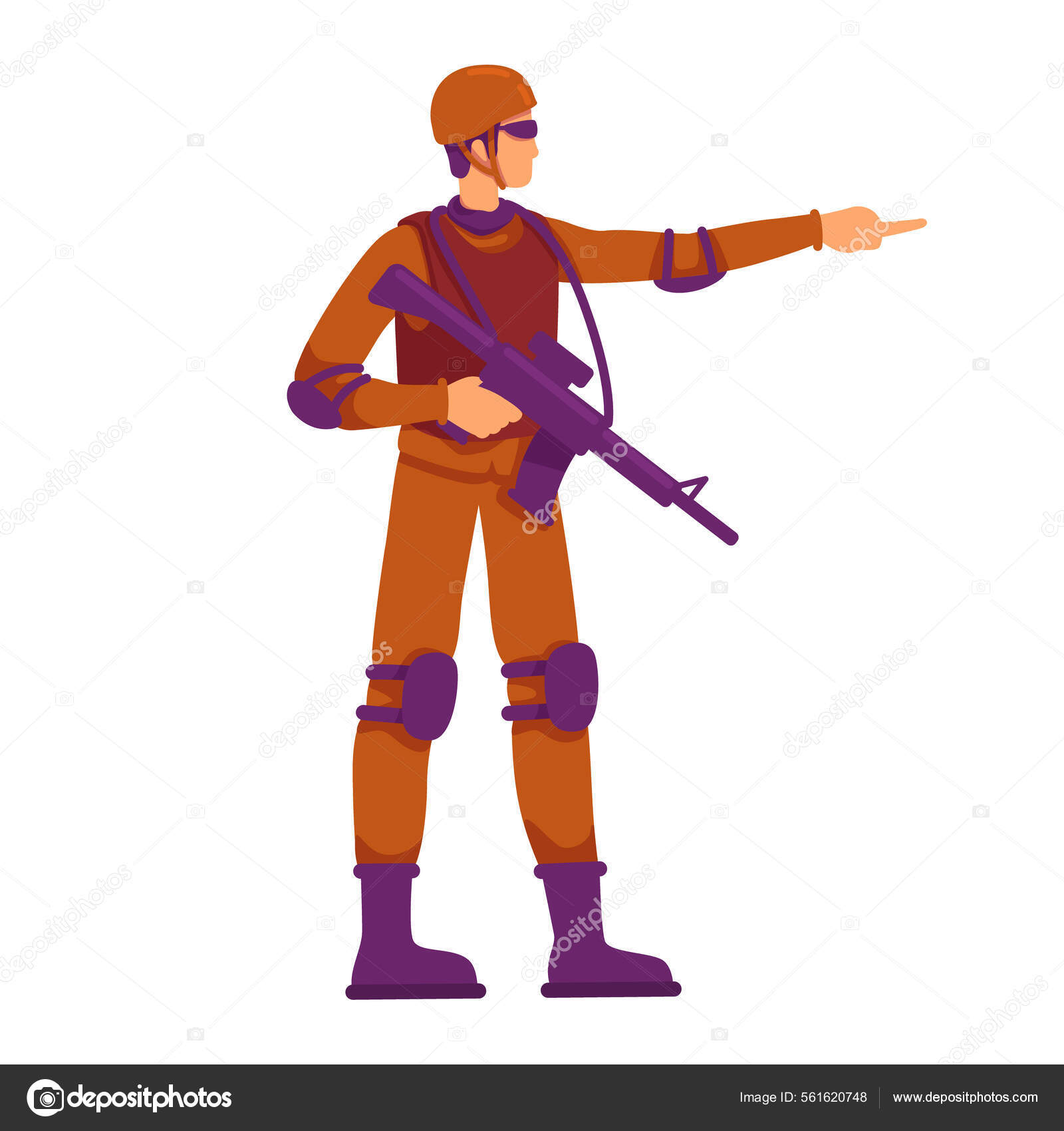 Fully Equipped Soldier Pointing Finger Semi Flat Color Vector Character