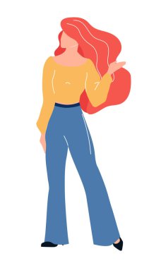 Dalgalı kızıl saçlı, yarı düz renkli vektör karakterli güzel bir kadın. Ayakta duran figür. Beyazın üzerinde tam vücut insan. Web grafik tasarımı ve animasyonu için basit çizgi film stili çizimi