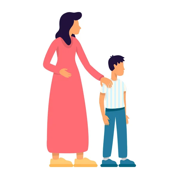 心烦意乱的女人抱着儿子肩半扁平的颜色矢量人物 站立的数字 全身白皙的人用于网页平面设计和动画的简单卡通风格图解 — 图库矢量图片