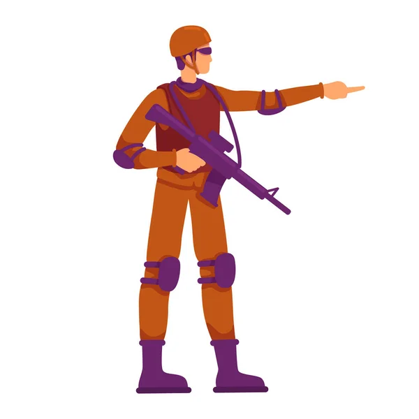 Soldado Totalmente Equipado Apuntando Con Dedo Semi Plano Color Vector — Archivo Imágenes Vectoriales