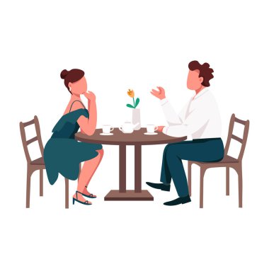 Romantik bir akşam yemeği randevusu yarı düz renk vektör karakterleri. Oturan figürler. Beyazın üstüne tüm vücudu olan insanlar. Web grafik tasarımı ve animasyonu için basit çizgi film stili çizimi