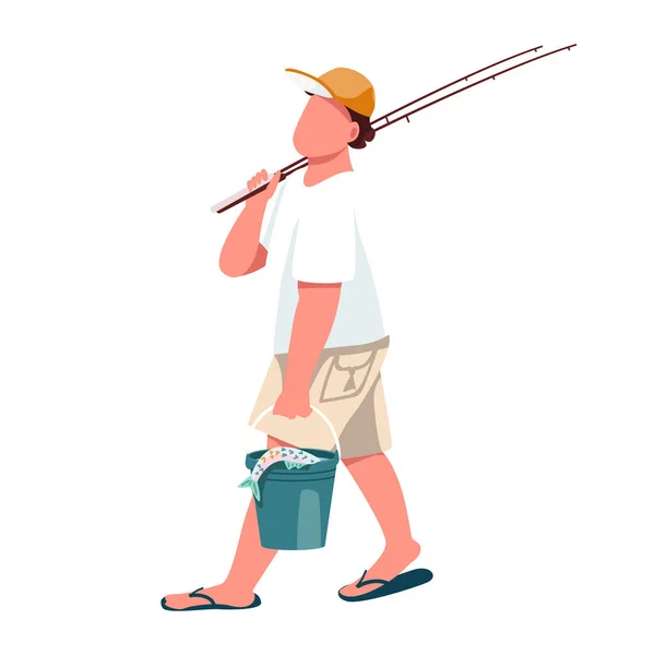Enthusiast Fishing Rod Semi Flat Color Vector Character Walking Figure — Stock Vector