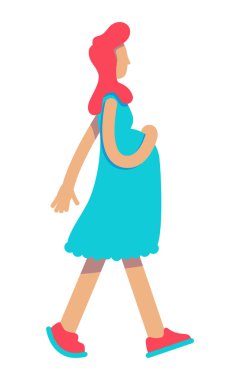 Hamile kızıl saçlı kadın yarı düz renk vektör karakteri. Sağlıklı hamilelik. Yürüyen figür. Beyazın üzerinde tam vücut insan. Web grafik tasarımı ve animasyonu için basit çizgi film stili çizimi