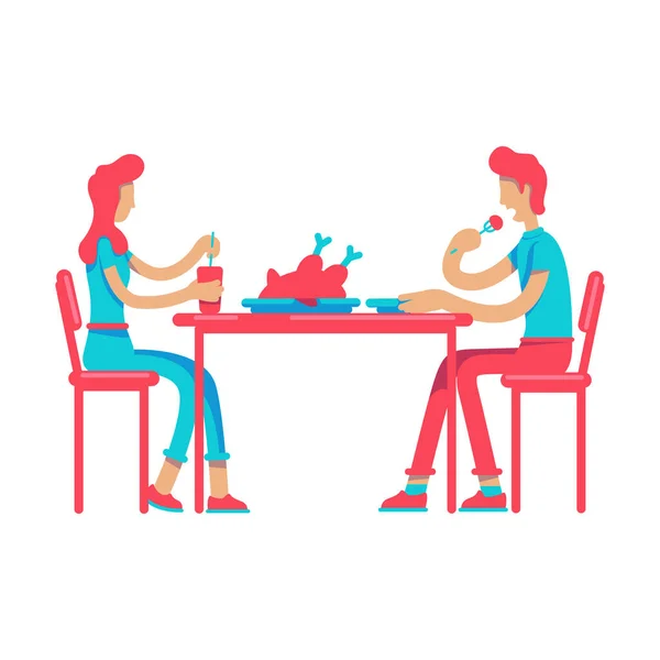 Чоловік Жінка Їдять Вечерю Разом Напівплоский Колір Векторних Персонажів Сидячі — стоковий вектор