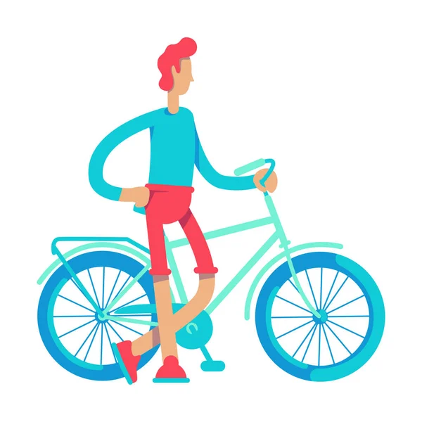年轻的运动员站在自行车旁 半平半色矢量人物 装模作样 全身白皙的人用于网页平面设计和动画的简单卡通风格图解 — 图库矢量图片