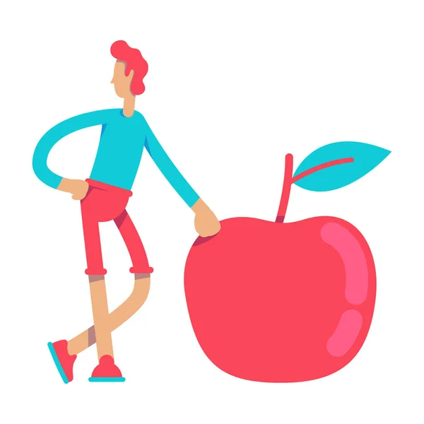 Jeune Homme Avec Grand Personnage Vecteur Couleur Semi Plat Pomme — Image vectorielle