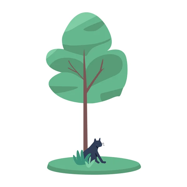 Árbol Joven Con Gato Negro Debajo Objeto Vectorial Color Semi — Vector de stock