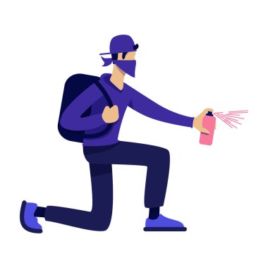 Sprey boyalı, yarı düz renk vektör karakteri olan anonim grafiti sanatçısı. Poz figürü. Beyazın üzerinde tam vücut insan. Web grafik tasarımı ve animasyonu için basit çizgi film stili çizimi