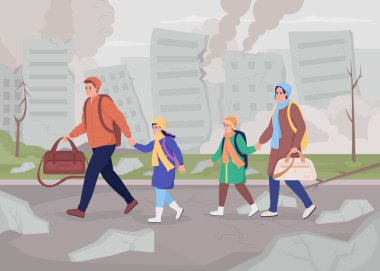 Düz renk çizimi yüzünden savaştan zarar görmüş şehri terk etmek. Sorunlu aile bavullarla kaçıyor. Arka planda şehir manzarası olan 2D basit çizgi film karakterleri.