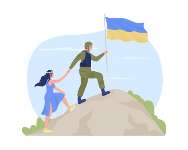 Bağımsızlık için savaş kazanmak 2D vektör izole bir örnektir. Ukraynalılar karikatür arka planında Rus düz karakterlerine karşı zafer kazanıyorlar. Cep telefonu, web sitesi, sunum için renkli sahne