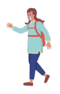 Mülteci kız yardım ve koruma arıyor. Yarı düz renk vektör karakter. Ağlayan figür. Beyazın üzerinde tam vücut insan. Web grafik tasarımı ve animasyonu için basit çizgi film stili çizimi