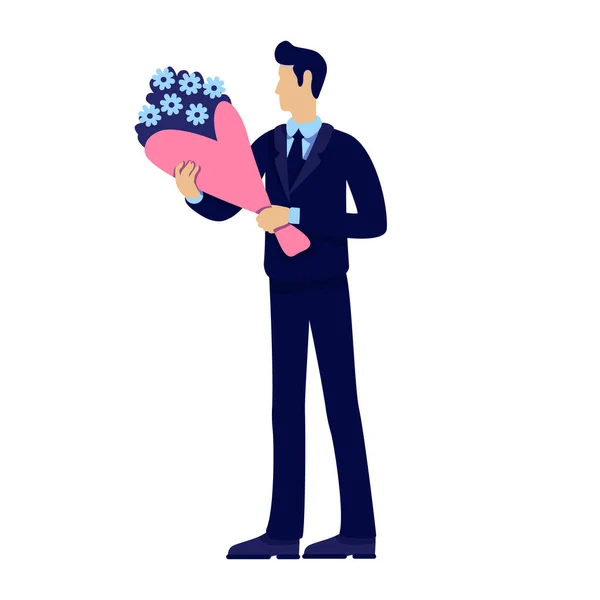 Hombre Traje Con Arreglo Floral Semi Plana Personaje Vector Color — Archivo Imágenes Vectoriales