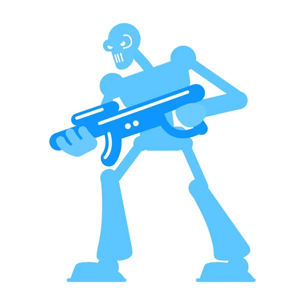 Cyborg Enojado Con Arma Fuego Semi Plana Vector Color Carácter — Vector de stock