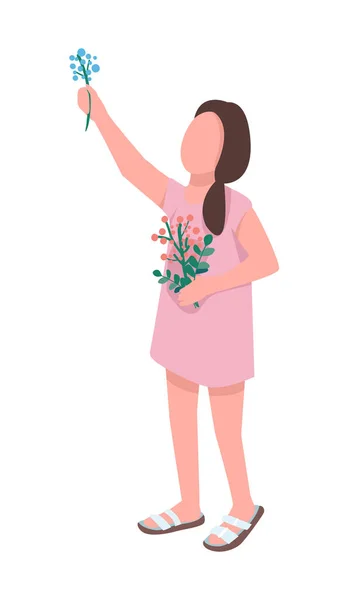 Girl Collecting Flowers Pressing Semi Flat Color Vector Character Standing — Stock Vector