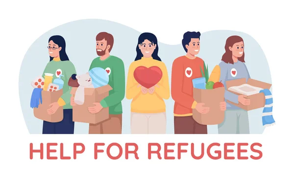 難民の2Dベクトル絶縁イラストのヘルプ ボランティアは 漫画の背景に服やおもちゃフラット文字を収集します モバイル ウェブサイト プレゼンテーションのためのカラフルなシーン 使用されるコンフォータフォント — ストックベクタ