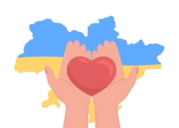 ウクライナ難民や武装勢力の2Dベクトル孤立イラストを支援するために寄付 漫画の背景にウクライナのフラット最初のビューの手のための愛 モバイル ウェブサイト プレゼンテーションのためのカラフルなシーン — ストックベクタ