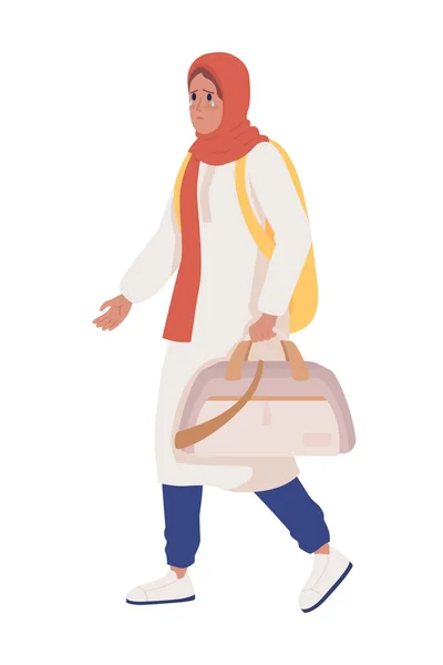 Female Asylum Seeker Baggage Backpack Semi Flat Color Vector Character — ストックベクタ