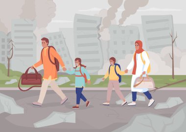 Aile savaştan zarar görmüş düz renk vektör çiziminden kurtuluyor. Büyük yıkım. Korkmuş aile, arka planda şehir manzarası olan 2 boyutlu basit çizgi film karakterleriyle kaçıyor.