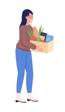 İnsani yardım kutusu yarı düz renk vektör karakteri olan kadın gönüllü. Ayakta duran figür. Beyazın üzerinde tam vücut insan. Web grafik tasarımı ve animasyonu için basit çizgi film stili çizimi