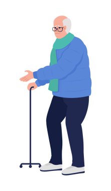 Üç ayaklı bastonlu üzgün yaşlı adam yarı düz renk vektör karakteri. Ayakta duran figür. Beyazın üzerinde tam vücut insan. Web grafik tasarımı ve animasyonu için basit çizgi film stili çizimi