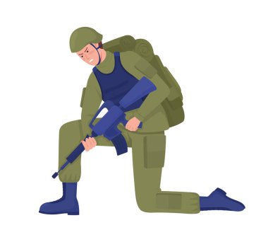 Tüfekli asker yarı düz renk vektör karakteri arıyor. Diz çökmüş biri. Beyazın üzerinde tam vücut insan. Web grafik tasarımı ve animasyonu için basit çizgi film stili çizimi