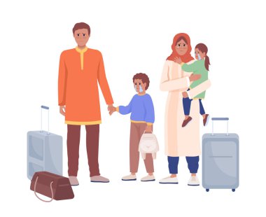 Kaçan aile tahliye trenini bekliyor. Yarı düz renk vektör karakterler. Ümitsiz rakamlar. Beyazın üstüne tüm vücudu olan insanlar. Web grafik tasarımı ve animasyonu için basit çizgi film stili çizimi