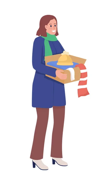 Mujer Sonriente Con Caja Donación Ropa Semi Plana Personaje Vector — Archivo Imágenes Vectoriales