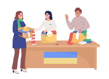 Mülteciler için kıyafet toplayan gönüllüler yarı düz renk vektör karakterler. Mutlu figürler. Beyazın üstüne tüm vücudu olan insanlar. Web grafik tasarımı ve animasyonu için basit çizgi film stili çizimi