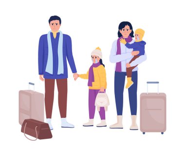 Tren istasyonu yarı düz renk vektör karakterlerinde aile tahliye için bekliyor. Hüzünlü rakamlar. Beyazın üstüne tüm vücudu olan insanlar. Web grafik tasarımı ve animasyonu için basit çizgi film stili çizimi