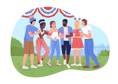 4 Temmuz Kutlama Partisi 2D vektör izole çizimi. Independence Day 'deki mutlu arkadaşlar çizgi film arka planında düz karakterler. Cep telefonu, web sitesi, sunum için tatil renkli sahne