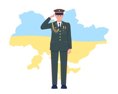 Düşen Ukrayna askerlerinin anıları 2D vektör izole edilmiş. Memur ve ülke haritası çizgi film arka planında düz karakter. Mobil, web sitesi, sunum için renkli sahne