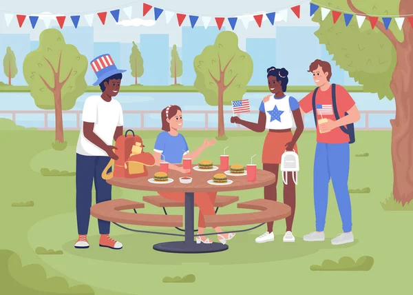 Park yassı renk çiziminde Bağımsızlık Günü 'nü kutlamak için piknik. Genç arkadaşlar 4 Temmuz 'da eğleniyorlar. Ulusal Amerikan bayramı 2D arka planda manzara olan basit çizgi film karakterleri