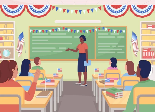 학교의 일러스트에서 애국심의 교훈을 배웠다 선생님 학생들에게 독립기념일에 말합니다 캐릭터 — 스톡 벡터