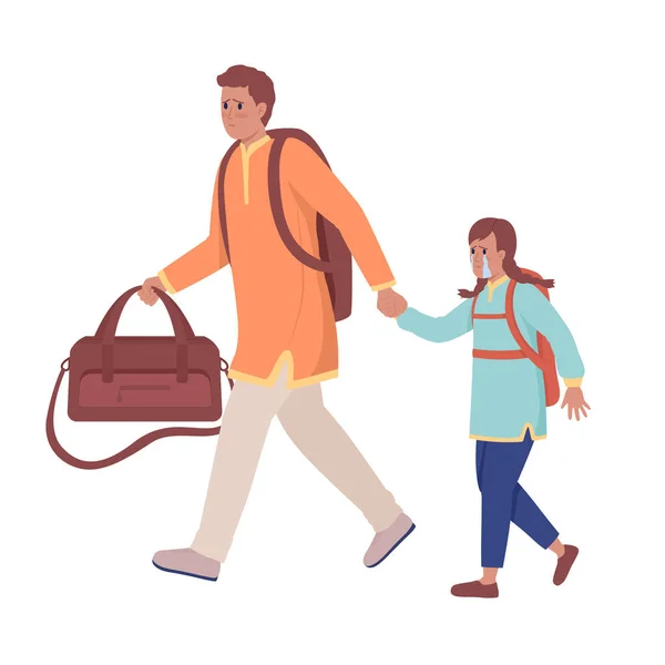 Ayah dengan gadis yang melarikan diri dari pemboman semi datar warna karakter vektor. Angka-angka tertekan. Seluruh tubuh orang-orang berbaju putih. Ilustrasi gaya kartun sederhana untuk desain grafis web dan animasi — Stok Ilustrasi Ayah Dengan Gadis Yang Melarikan Diri Dari Pemboman Semi Datar Stok Vektor