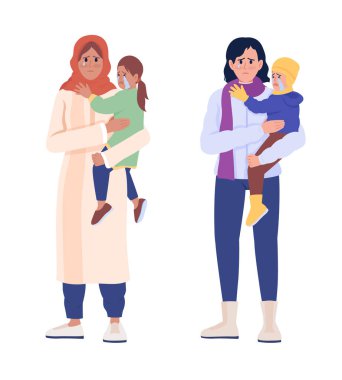 Savaşta acı çeken kadın ve çocuklar yarı düz renk vektör karakterleri belirlendi. Ağlayan figürler. Beyazın üstüne tüm vücudu olan insanlar. Web grafik tasarımı ve animasyonu için basit çizgi film tarzı illüstrasyon koleksiyonu