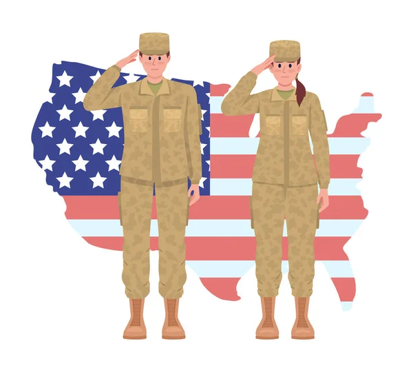 Soldiers Saluting Map Vector Isolated Illustration Memorial Day Usa Flat — Stock Vector