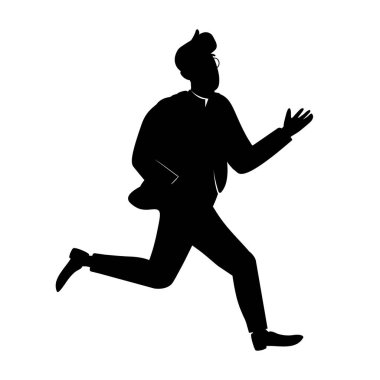 Gözlüklü adam acele ediyor. Yarı düz renk vektör karakter silueti. Poz figürü. Beyazın üzerinde tam vücut insan. Web grafik tasarımı ve animasyonu için basit çizgi film stili çizimi