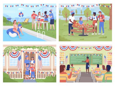 Amerika 'da Bağımsızlık Günü kutlamaları düz renk çizimi seti. Yurtsever bayramı ve ulusal gururlu 2D basit çizgi film karakterleri arka planda iç ve dış görünüşlü