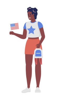 Amerikan bayrağı taşıyan genç bir kadın yarı düz renk vektör karakteri. Ayakta duran figür. Beyazın üzerinde tam vücut insan. Web grafik tasarımı ve animasyonu için 4 Temmuz basit çizgi film stili çizimi