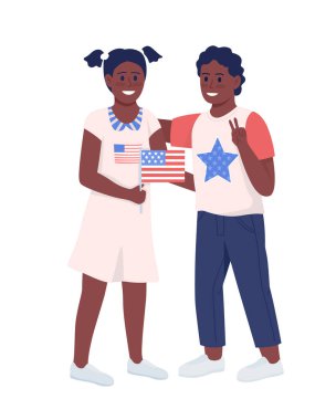 Ulusal Amerikan bayrağı yarı düz renk vektör karakterli çocuklar. Ayakta duran figürler. Beyazın üstüne tüm vücudu olan insanlar. Genç vatanseverler web grafik tasarımı ve animasyonu için basit çizgi film stili çizimleri